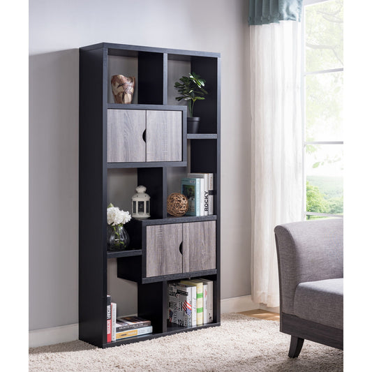 Two Toned Display Cabinet, Two Door Bookcase Six Shelves - Black / Distressed Gray