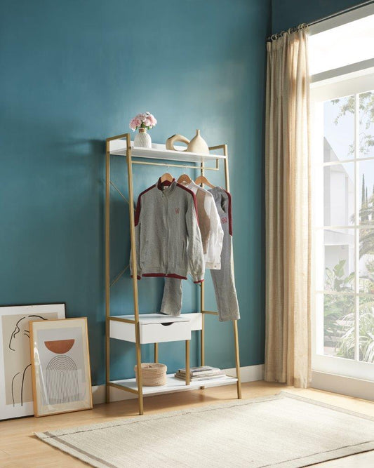 Metal Clothes Rack Open Wardrobe Free Standing With One Drawer Hanging Clothes Rod - White & Gold Metal