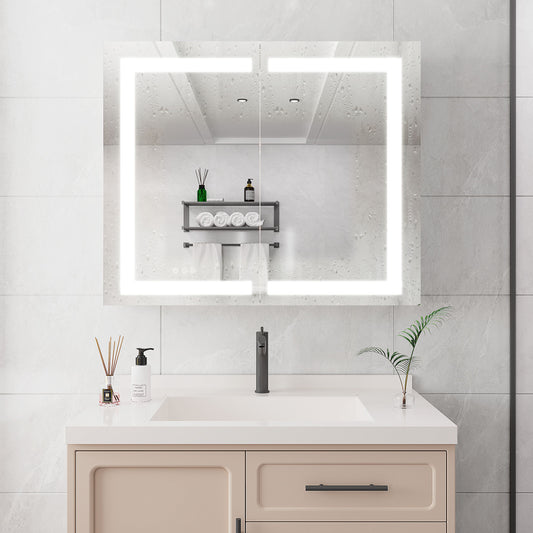 36 x 30" Medicine Cabinet With LED Vanity Mirror, Anti-Fog, Recessed Or Surface Mount, Waterproof, Dimmable, Aluminum 3000K~6000K Lighted Double Door Bathroom Cabinet With Touch Switch - Silver