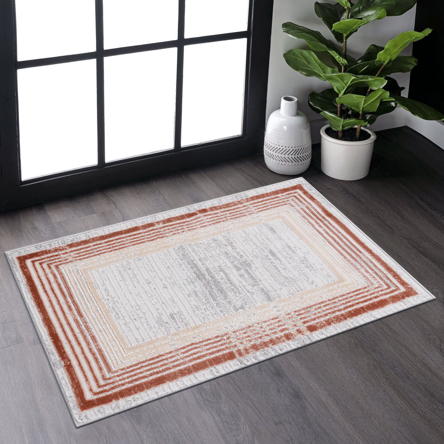 Marfi - 2' x 3' Bordered Non-Shedding Living Room Bedroom Dining Home Office Stylish And Stain Resistant Area Rug - Brown / Ivory