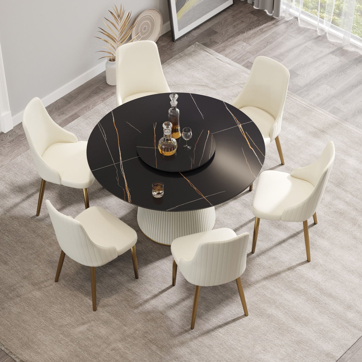 Modern Artificial Stone Round Plywood PU Base Dining Table, Can Accommodate 6 People-23.6" Artificial Stone Turntable (Not Including Chairs) - Black / Beige