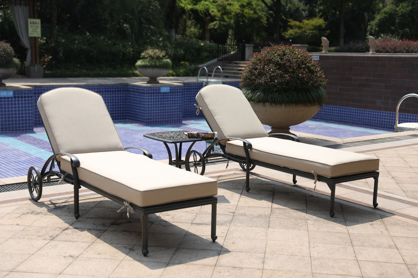 Reclining Chaise Lounge Set With Cushion And Table - Metal