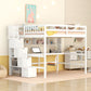 Full Size Loft Bed With Built-In Desk, Bookshelves And Storage Staircase - White