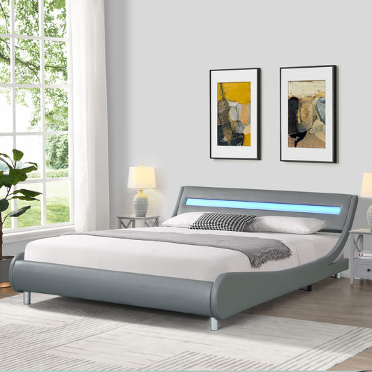 Queen Size Upholstered Platform Bed Frame With LED Lighting, Curve Design, Wood Slat Support, No Box Spring Needed - Gray