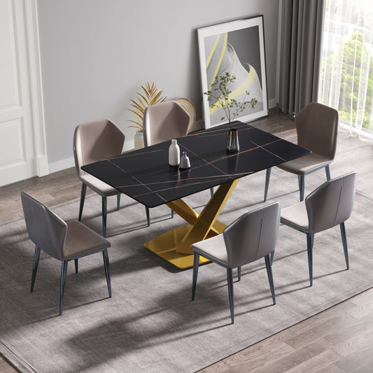 63" Modern Artificial Stone Straight Edge Golden Metal X-Leg Dining Table, 6 People