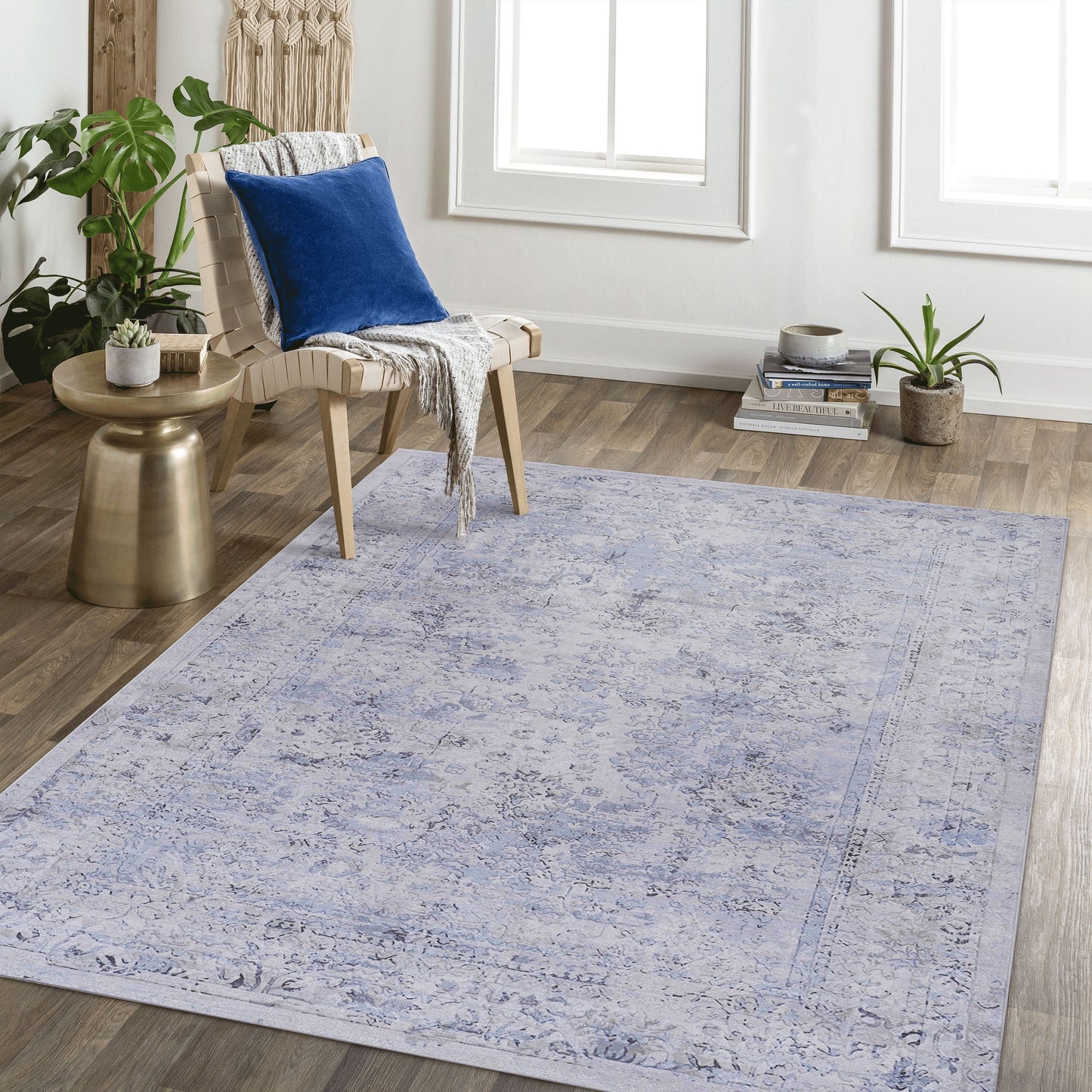 5' x 8' Area Rugs For Dining Room Rug, Washable Rug, Low-Pile, Non-Slip, Non-Shedding, Foldable, Kid & Pet Friendly Area Rugs For Living Room, Bedroom, Kitchen, Dining Room - Blue / Cream