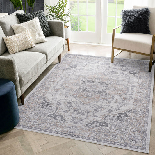 6' x 9' Oriental Non-Shedding Living Room Bedroom Dining Home Office Stylish And Stain Resistant Area Rug - Ivory / Beige