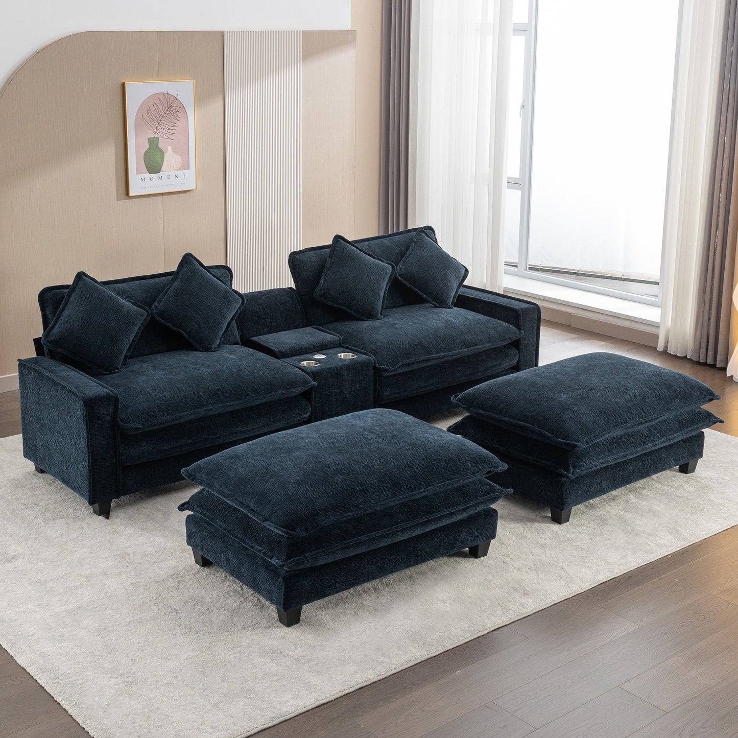 Sectional Sofa Chenille Upholstered Sofa With Two Removable Ottoman, Two USB Ports, Two Cup Holders And Large Storage Box For Living Room