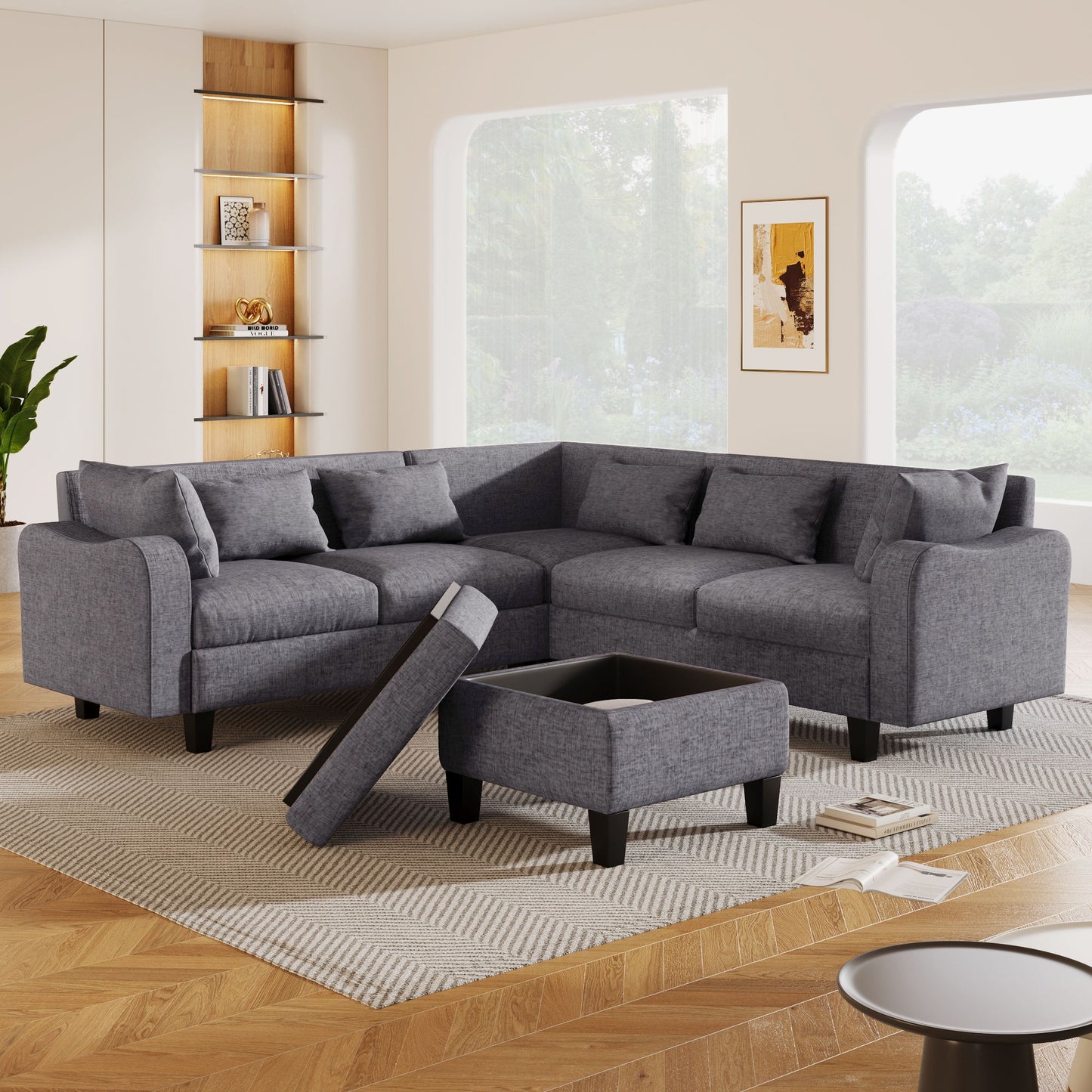 Modern Sectional Sofa With Coffee Table, 6 Seat Couch Set With Storage Ottoman, Various Combinations, L-Shape Indoor Furniture With Unique Armrests For Living Room (6 Pillows)