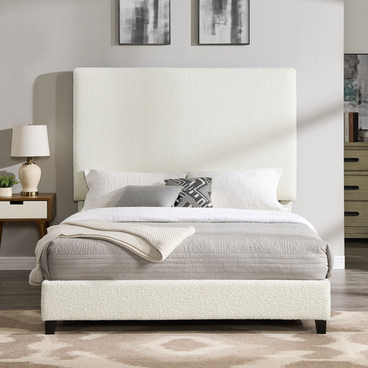 Queen Size White Boucle Upholstered Platform Bed - White