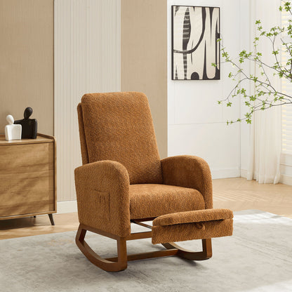 Rocking Chair For Nursery, High Back Glider Chair With Retractable Footrest, Side Pocket, Rocking Accent Armchair With Rubber Wood Legs For Living Room / Bedroom