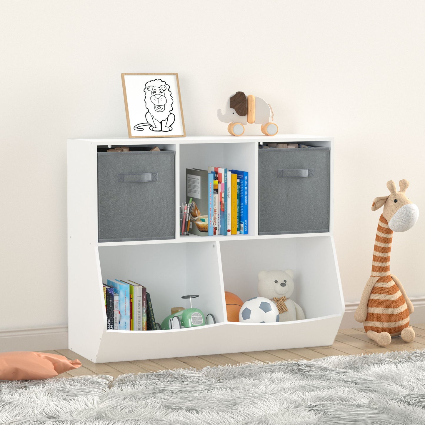 Kids Bookcase With Collapsible Fabric Drawers, Children's Toy Storage Cabinet For Playroom, Bedroom, Nursery, School - White / Gray