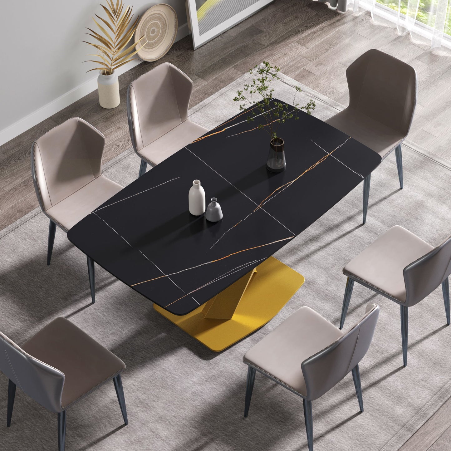 63" Modern Artificial Stone Black Curved Metal Leg Dining Table - Black / Gold