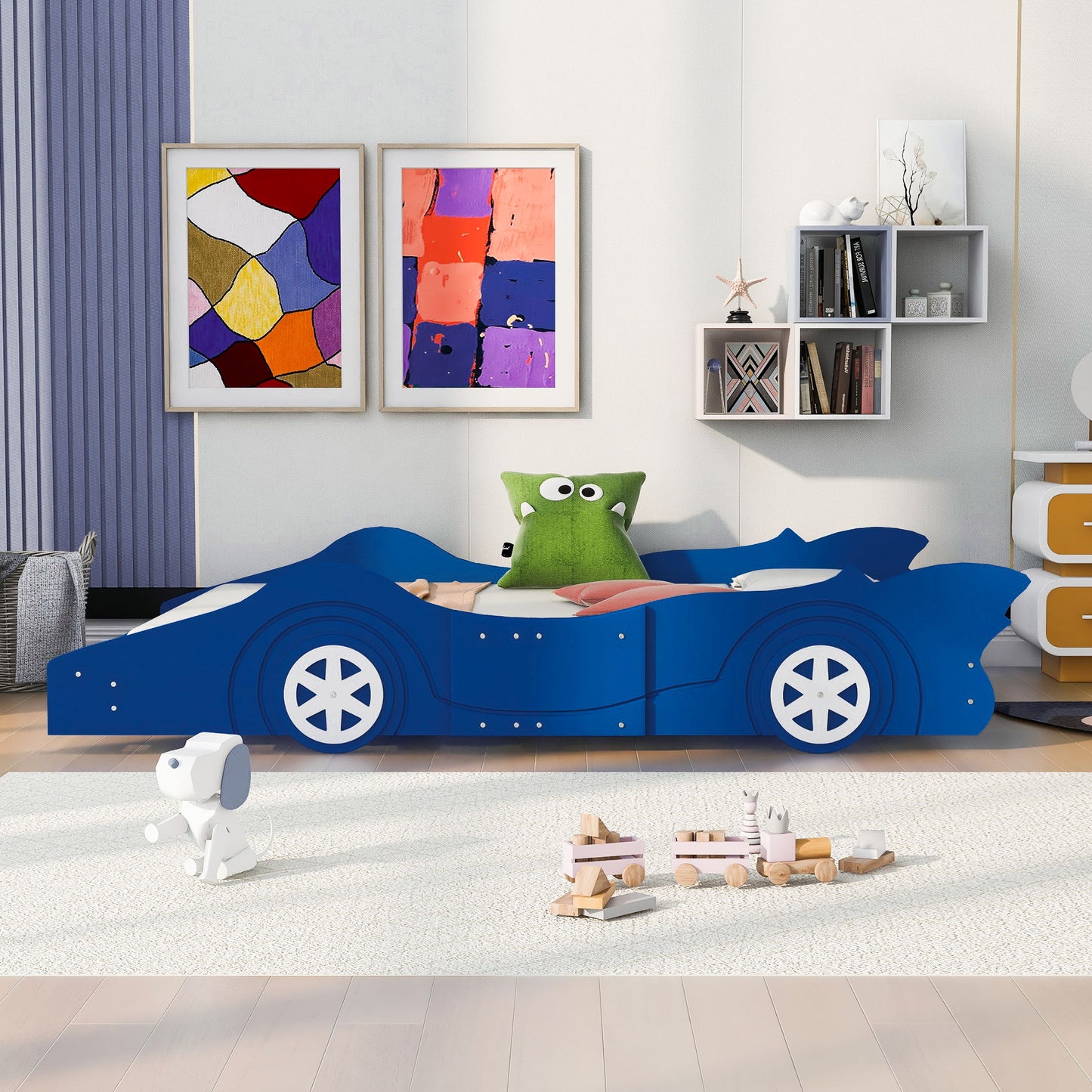 Full Size Race Car-Shaped Platform Bed With Wheels - Blue