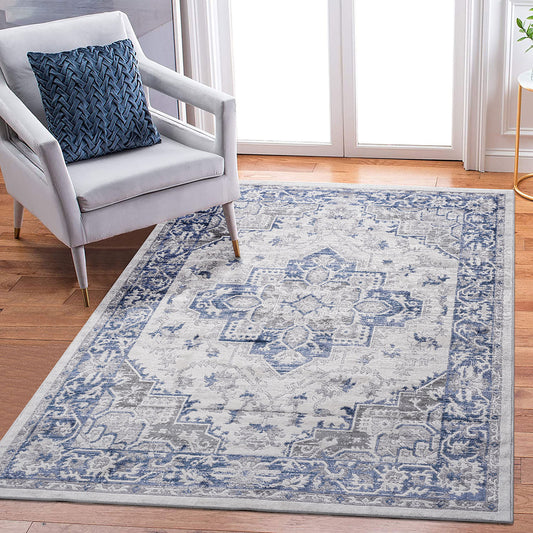 6' x 9' Oriental Non-Shedding Living Room Bedroom Dining Home Office Stylish And Stain Resistant Area Rug - Blue / Gray