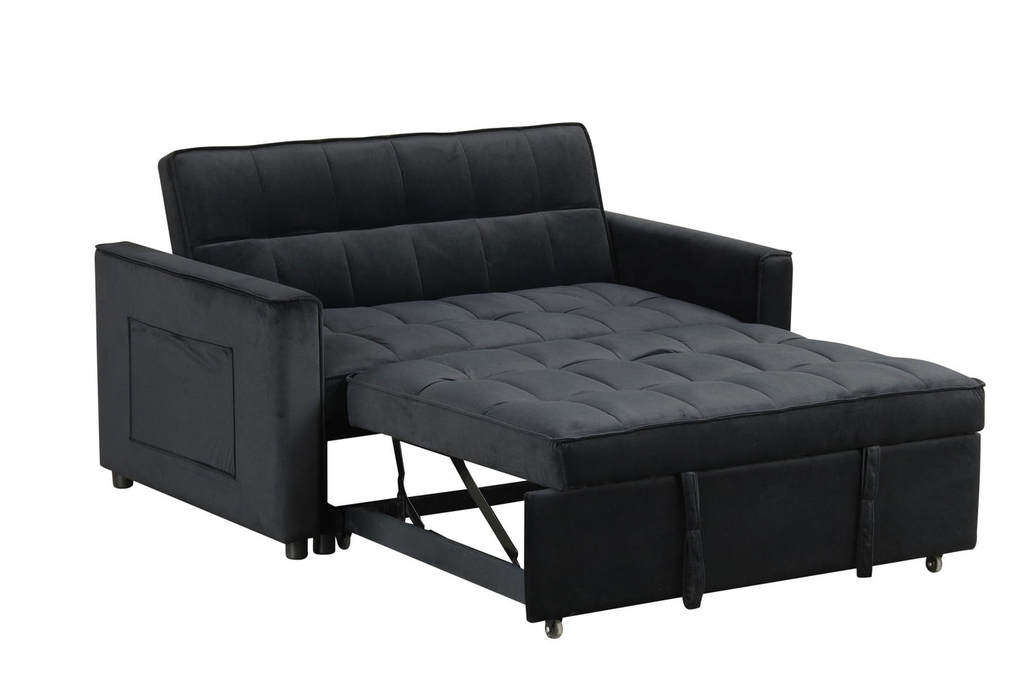 Maeve - Velvet Convertible Sleeper Loveseat With Tufting and Side Pocket - Black