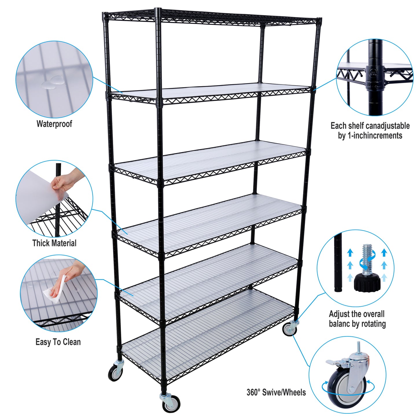 84" x 48" x 20" 6 Tier 6000Lbs Capacity Nsf Metal Shelf Wire Shelving Unit, Heavy Duty Adjustable Storage Rack With Wheels & Shelf Liners For Commercial Grade Utility Steel Storage Rack - Black