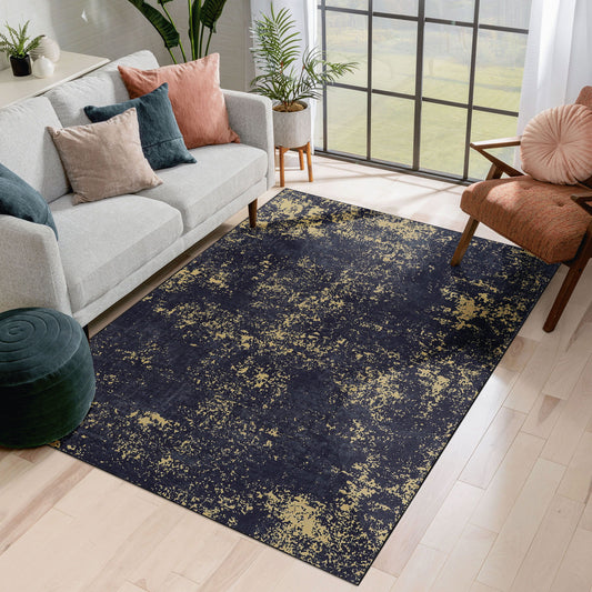 8' x 10' Area Rugs For Dining Room, Washable Rug, Low-Pile, Non-Slip, Non-Shedding, Foldable, Kid & Pet Friendly Area Rugs For Living Room, Bedroom, Kitchen, Dining Room Rug - Black / Gold