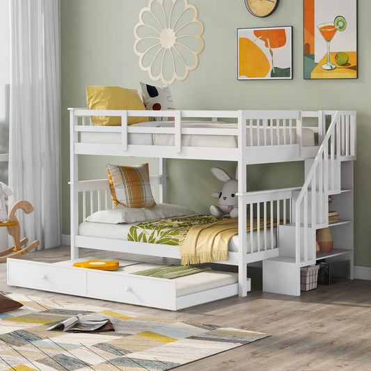 Stairway Bunk Bed With Twin Size Trundle, Storage And Guard Rail For Bedroom, Dorm