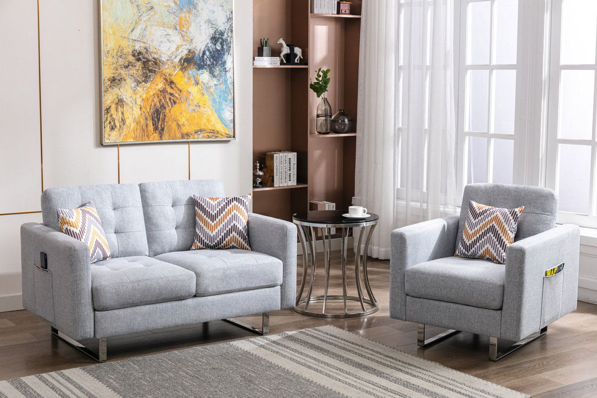 Victoria - Linen Fabric Living Room Set With Metal Legs, Side Pockets, And Pillows