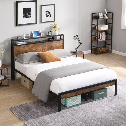 Full Size Metal Platform Bed Frame With Wooden Headboard And Footboard With USB Liner, No Box Spring Needed, Large Under Bed Storage - Brown