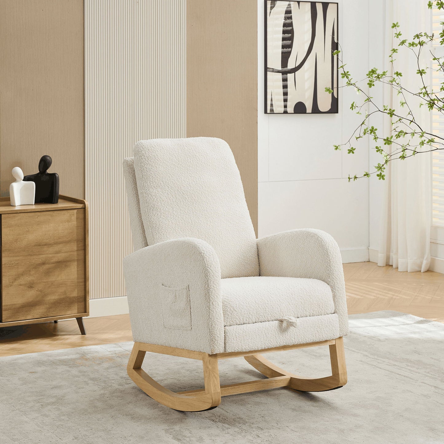 Rocking Chair For Nursery, High Back Glider Chair With Retractable Footrest, Side Pocket, Rocking Accent Armchair With Rubber Wood Legs For Living Room / Bedroom