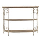 Three Tiered White Wooden Shelving Unit With Ornate Iron Frame - Multicolor