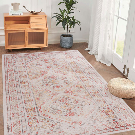 4' x 6' Area Rug, Washable Rug, Low-Pile, Non-Slip, Non-Shedding, Foldable, Kid & Pet Friendly Area Rugs For Living Room, Bedroom, Kitchen, Dining Room Rug - Beige