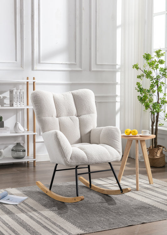 Modern Rocking Chair, Teddy Fabric Chair With High Backrest, Rocking Accent Chairs For Nursery, Living Room, Bedroom - White