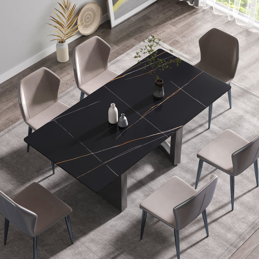 70.87" Modern Artificial Stone Black Straight Edge Black Metal Leg Dining Table, Can Accommodate 6-8 People - Black