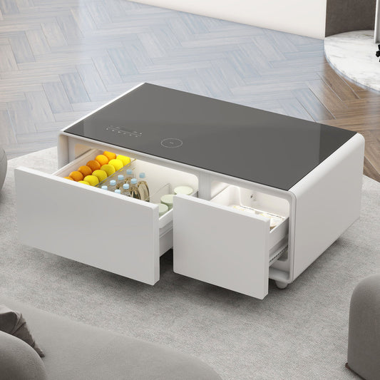 Modern Smart Coffee Table With Built-In Fridge, Bluetooth Speaker, Wireless Charging, Touch Control Panel, USB Ports, Outlet Protection, Atmosphere Light - White