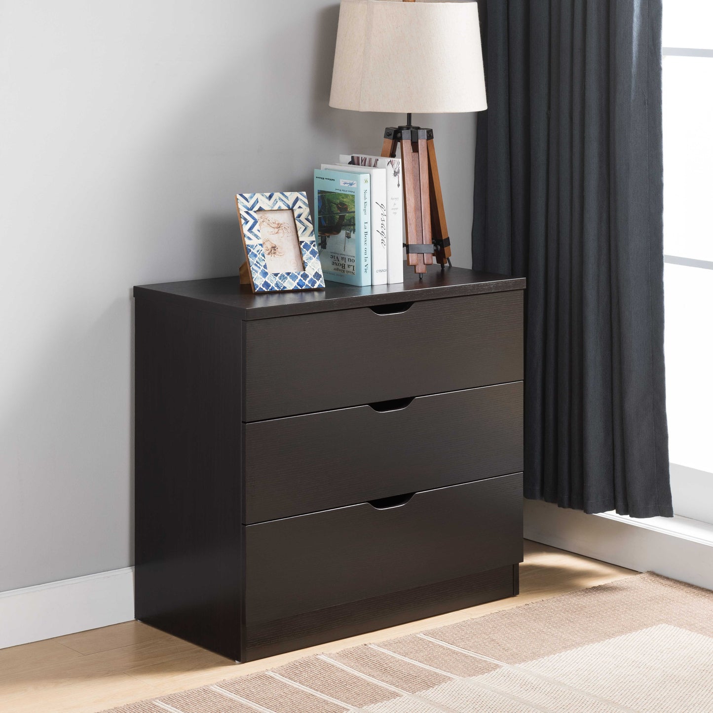 Modern Three Drawer Chest And Clothes Storage Cabinet With Metal Drawer Glides - Dark Chocolate