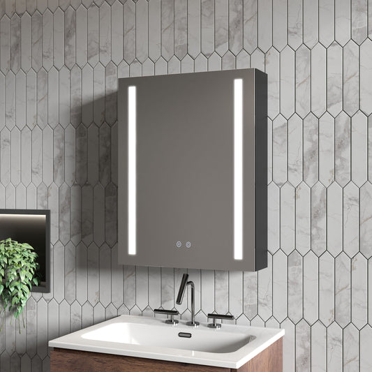 20" W x 26" H Modern Wall Mounted LED Frontlit Bathroom Mirror Cabinet With Us Standard Plug, Temperature Adjustable, Memory Touch Switch, Large Storage - Silver