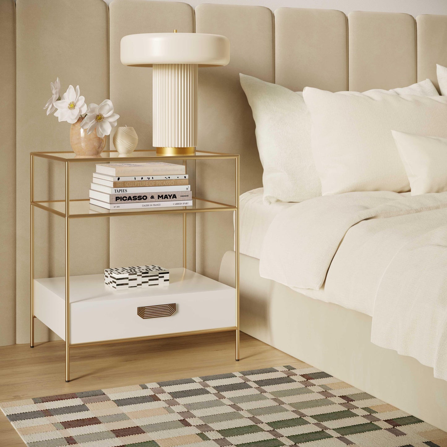 Darla - Glass Nightstand - Cream / Gold