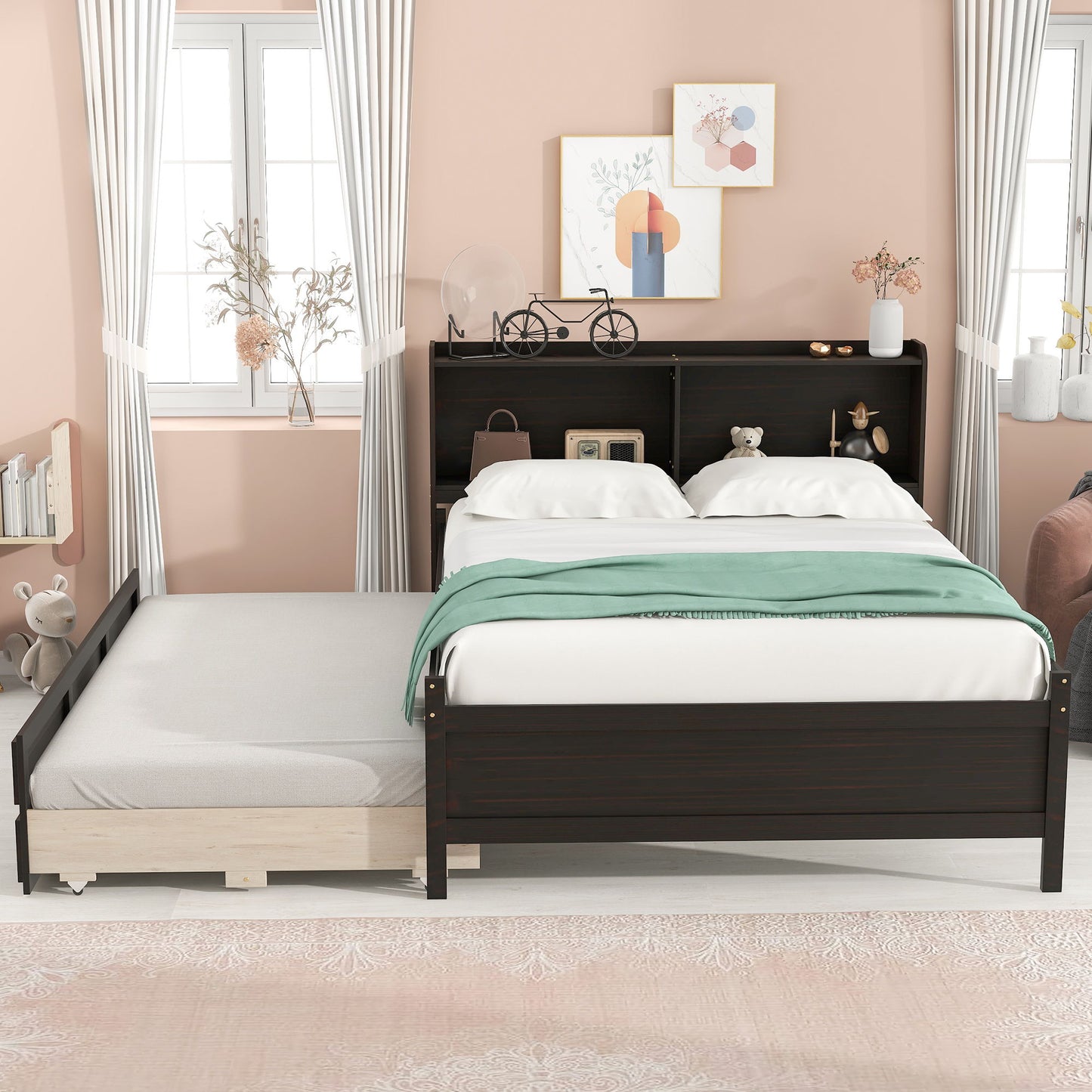 Full Bed With Bookcase, Twin Trundle, Drawers - Espresso