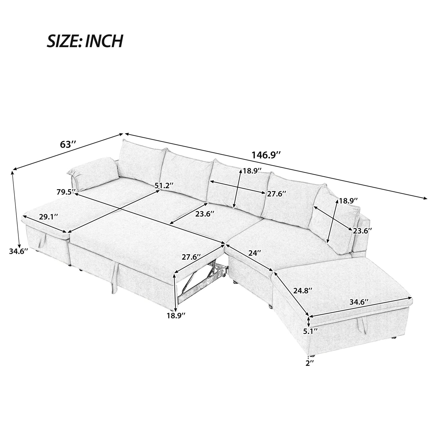 L-Shaped Sofa Sectional Sofa Couch Pull-Out Sofa Bed With A Movable Storage Ottoman, A Storage Chaise Lounge And Two USB Ports For Living Room