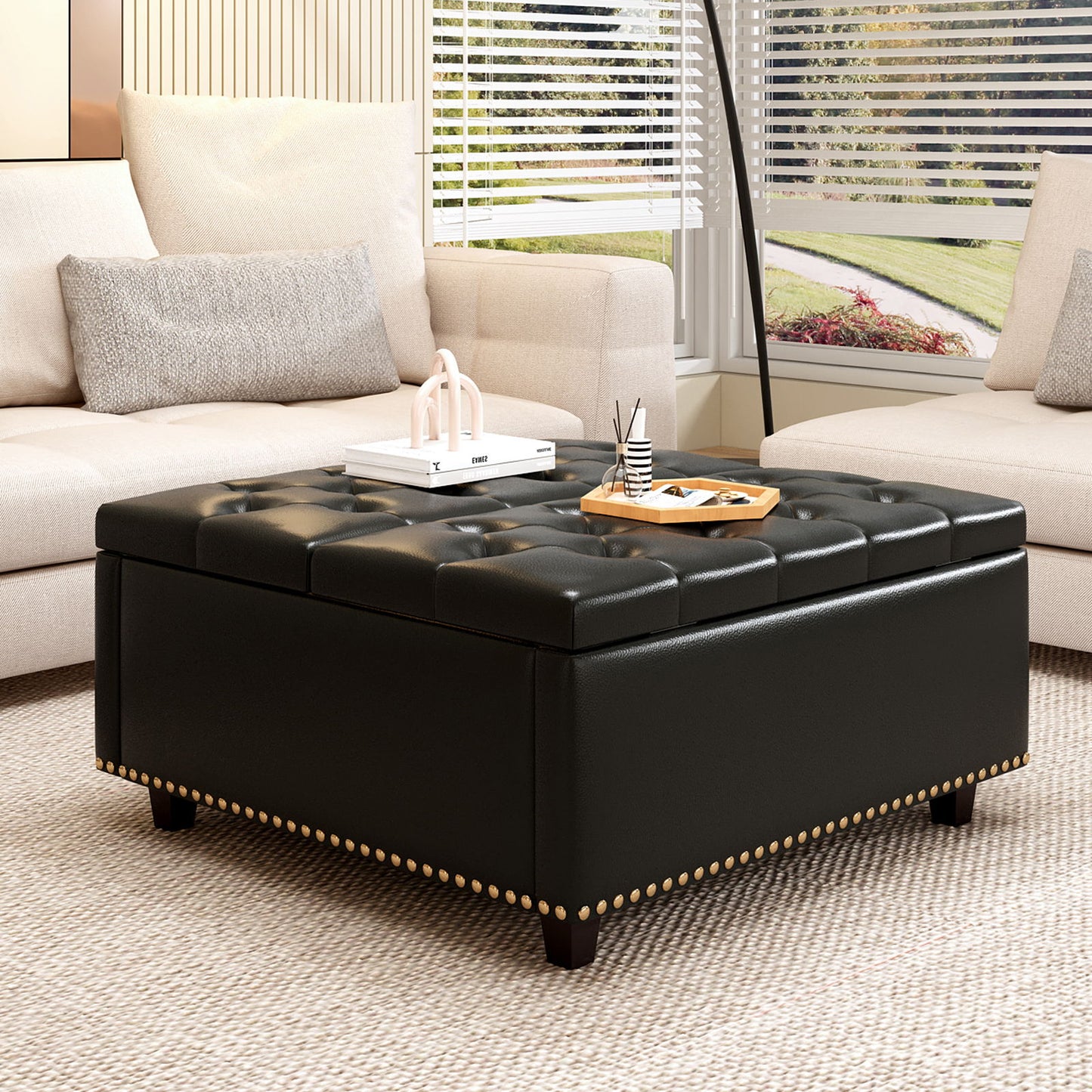 Massive Square Storage Bench, Footstool With Two Storage Doors, Mid-Century Modern Coffee Table For Living Room, Nailhead Inlay