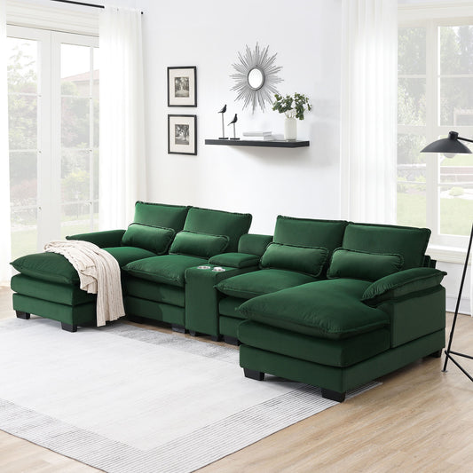 Modern U Shaped Sofa With Console, Cupholders And USB Ports, 6 Seat Upholstered Symmetrical Indoor Furniture, Sleeper Couch Set With Chaise For Living Room, Apartment, 5 Colors - Green