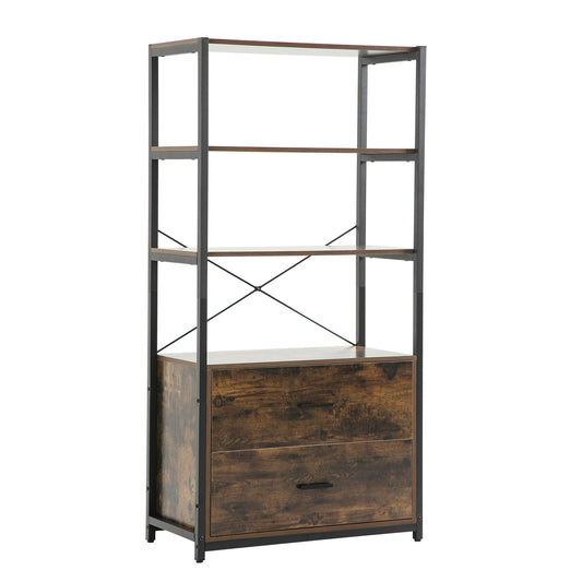 Industrial Bookcase With File Cabinet Drawers, 62.7 In Tall Bookshelf 4 Tier, Freestanding Storage Home Office Cabinet Organizer, Rustic Home Decor - Vintage Brown