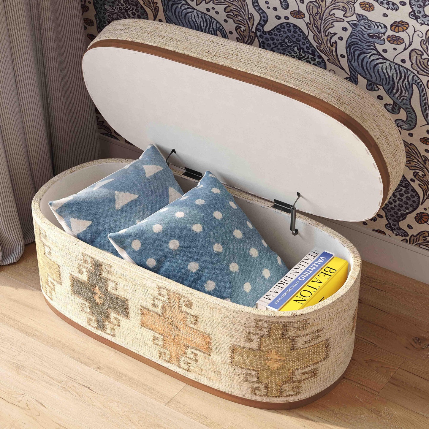 Olivier - Cotton Oval Storage Ottoman - Beige