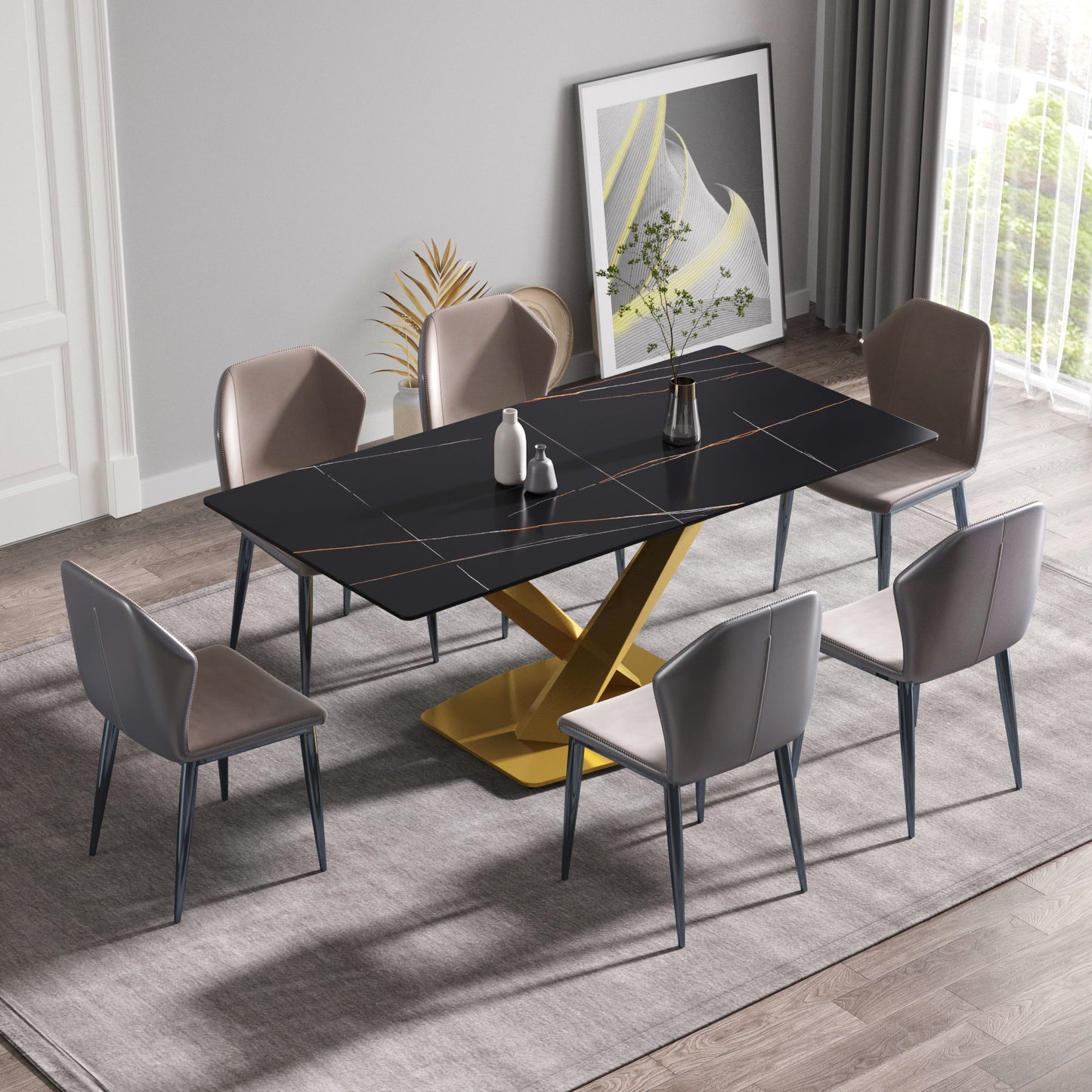 Modern Artificial Stone Round Carbon Steel Base Dining Table, Can Accommodate 6 People Artificial Stone Turntable - Black / Gold