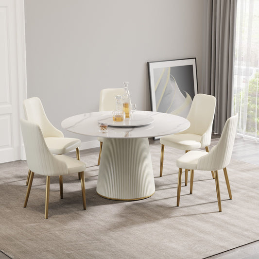 Modern Artificial Stone Round Plywood PU Base Dining Table, Can Accommodate 6 People, Artificial Stone Turntable (Not Including Chairs) - White / Beige