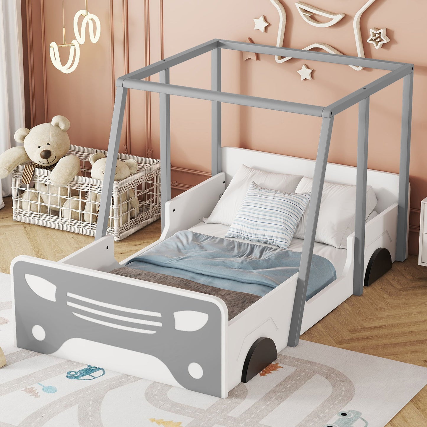 Twin Size Car-Shaped Bed With Roof, Wooden Twin Floor Bed With Wheels And Door Design, Montessori Inspired Bedroom